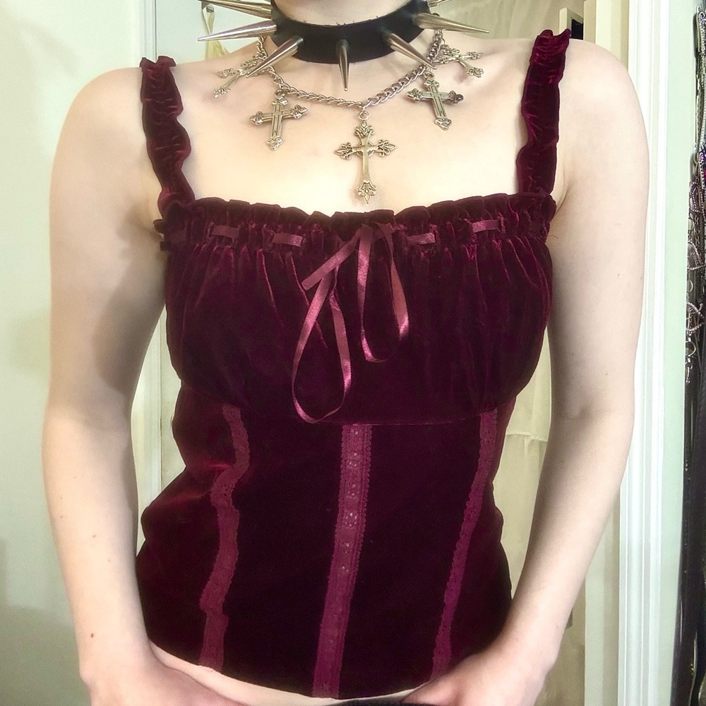 VELVET RED SPAGHETTI STRAP CAMI TANK RIBBON TOP GRUNGE GOTH PUNK 90s